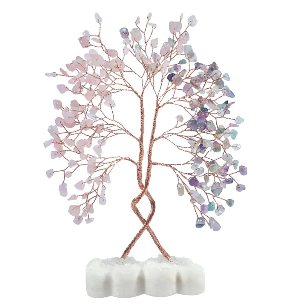 Natural Rose Quartz Amethyst Crystal Tree With Double Heart Rock Quartz Cluster Stone Base Lucky Money Tree Home Decoration