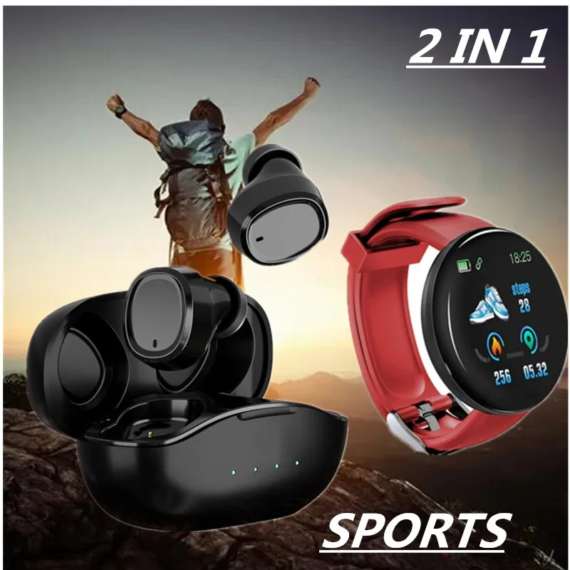 Недорогие Bluetooth-наушники 2 в 1 умные часы D18 для спорта фитнеса йоги гарнитура T1