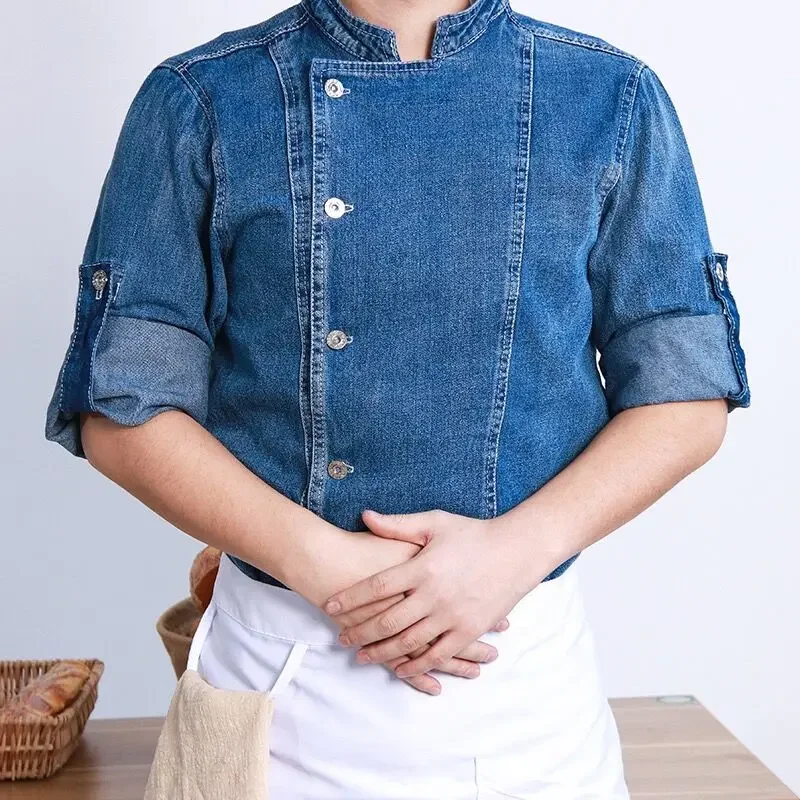 

Western Restaurant Chef Fashion Denim Work Clothes Men's Bakery Catering Hotel Button Long Sleeve Summer