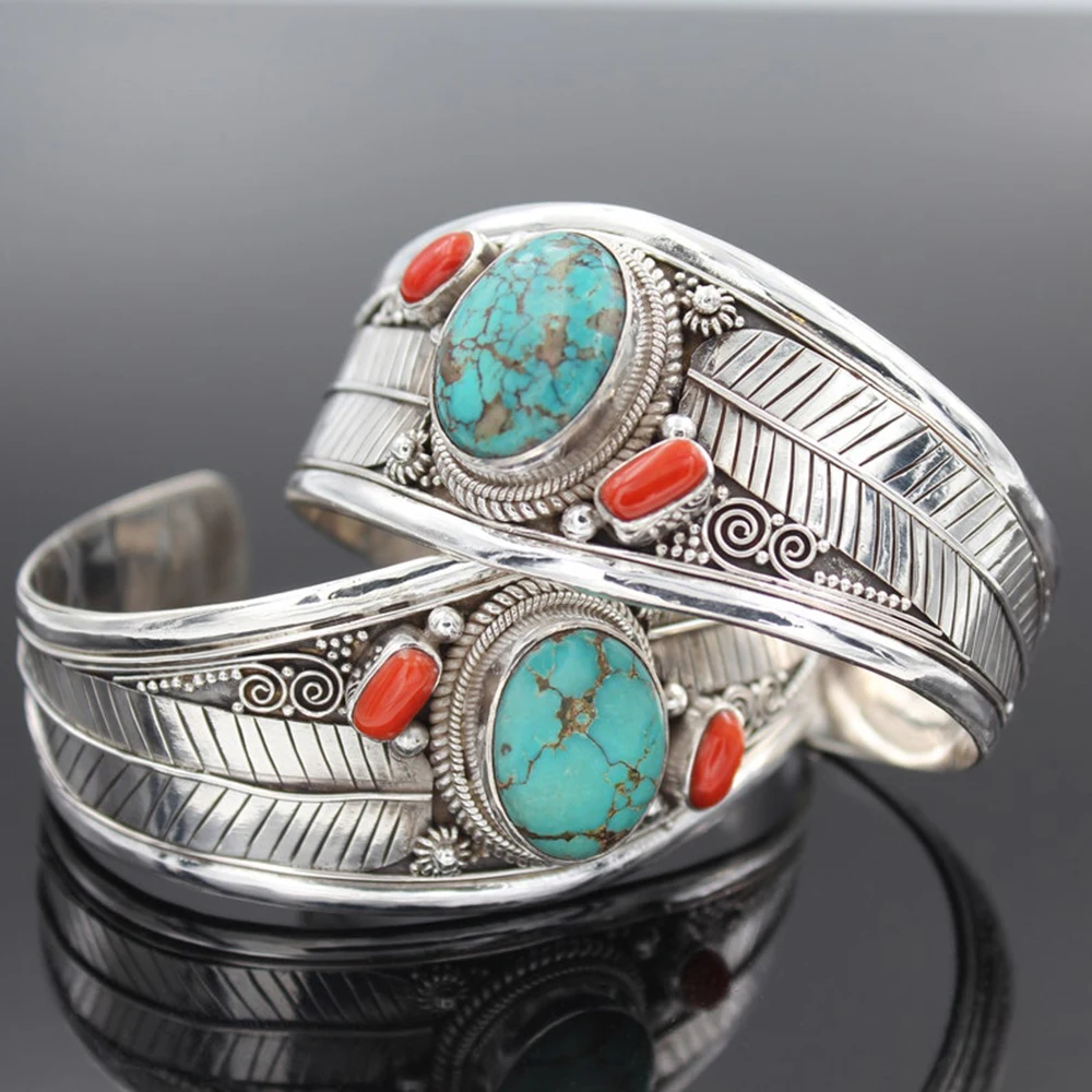 Stone Bracelet Antique Silver Color Leaf Red Blue Natural Stone Bracelet Bangle for Women Simple Open Bohemian Luxury