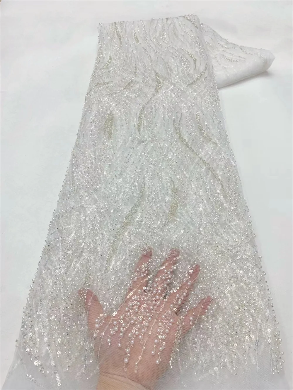 

White Lace Fabric Nigerian Fabric 5yard African Beaded Lace Fabric 2024 High Quality French For Women's Luxury Party Dress A30-3