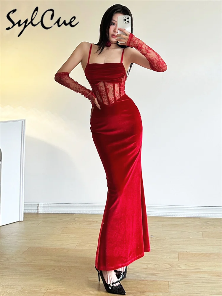 Elegant Lace Sling Dress with Sleeves - Winter Formal Party Dress