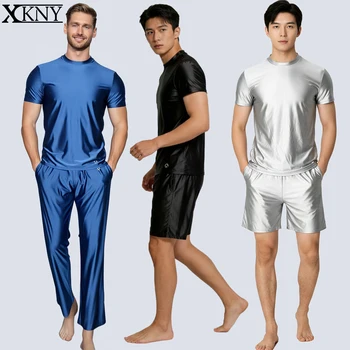 AMORESY satin glossy men suit oil shiny Short sleeve shortsYoga swim sportswear comfortable long pants silky homewear