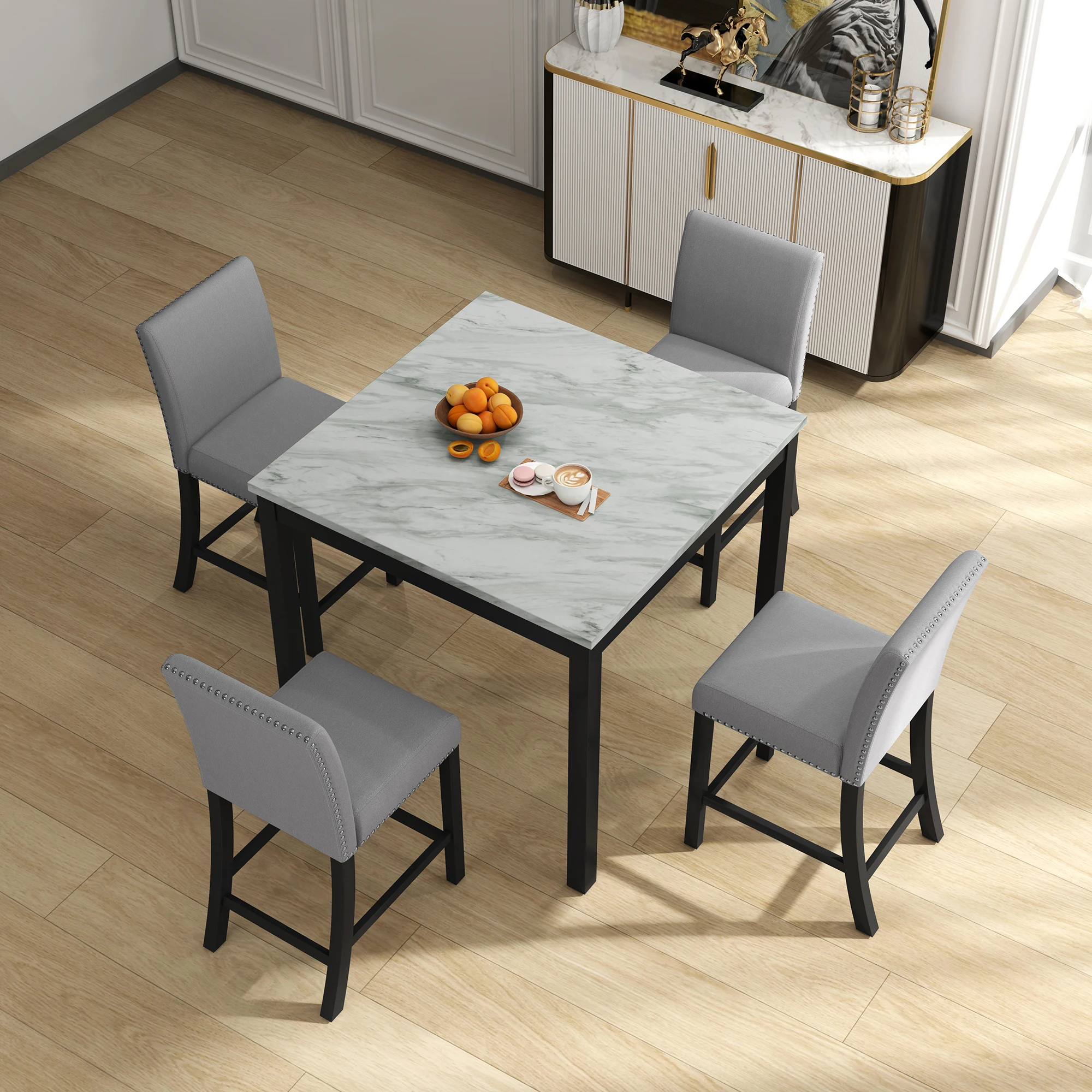 5-Piece Dining Table Set, Wooden Square Counter Height Table with 4 Chairs Modern Mid-Century Compact Dining Set for Small Space