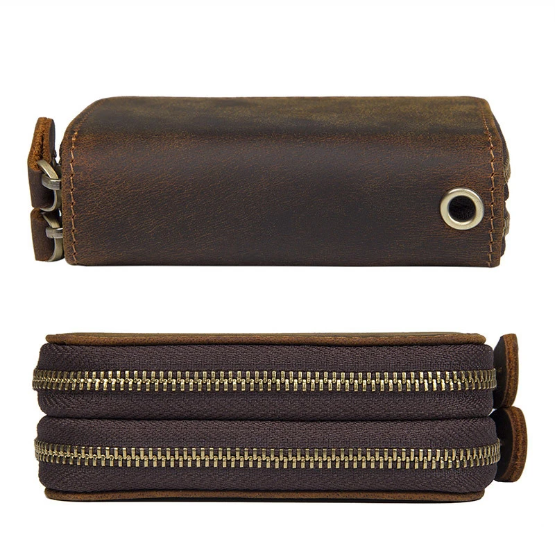 Vintage Leather Card Case & Coin Purse with Hand Strap - Double Zipper Clutch Bag