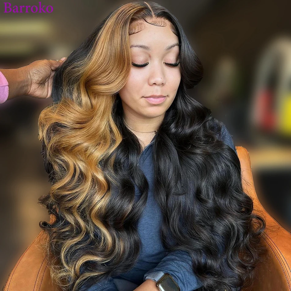 

Barroko 13X6 Transparent Lace Frontal Body Wave Hilight 1B 27 Colored Wig 180% Density Pre Plucked Remy Human Hair Wig For Women