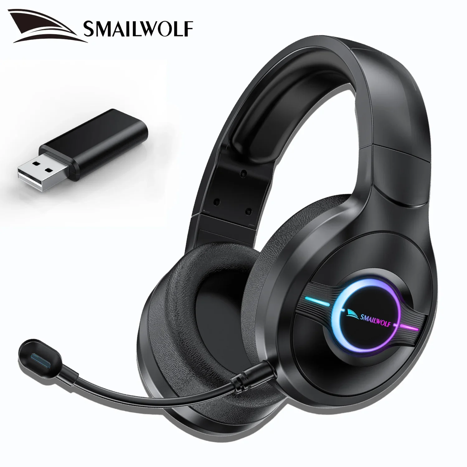 Smailwolf 3가지 모드 무선 헤드셋 오버이어 헤드폰(분리형 마이크 포함) PC 노트북 데스크탑 컴퓨터 게임용 RGB 조명
