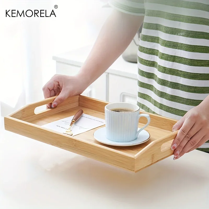 Bamboo Wooden Tea Tray Rectangular Solid Wood Tea Cup Trays Hotel Dinner Plate Storage Utensils With Handles Elegant Tableware Wooden Serving Tray