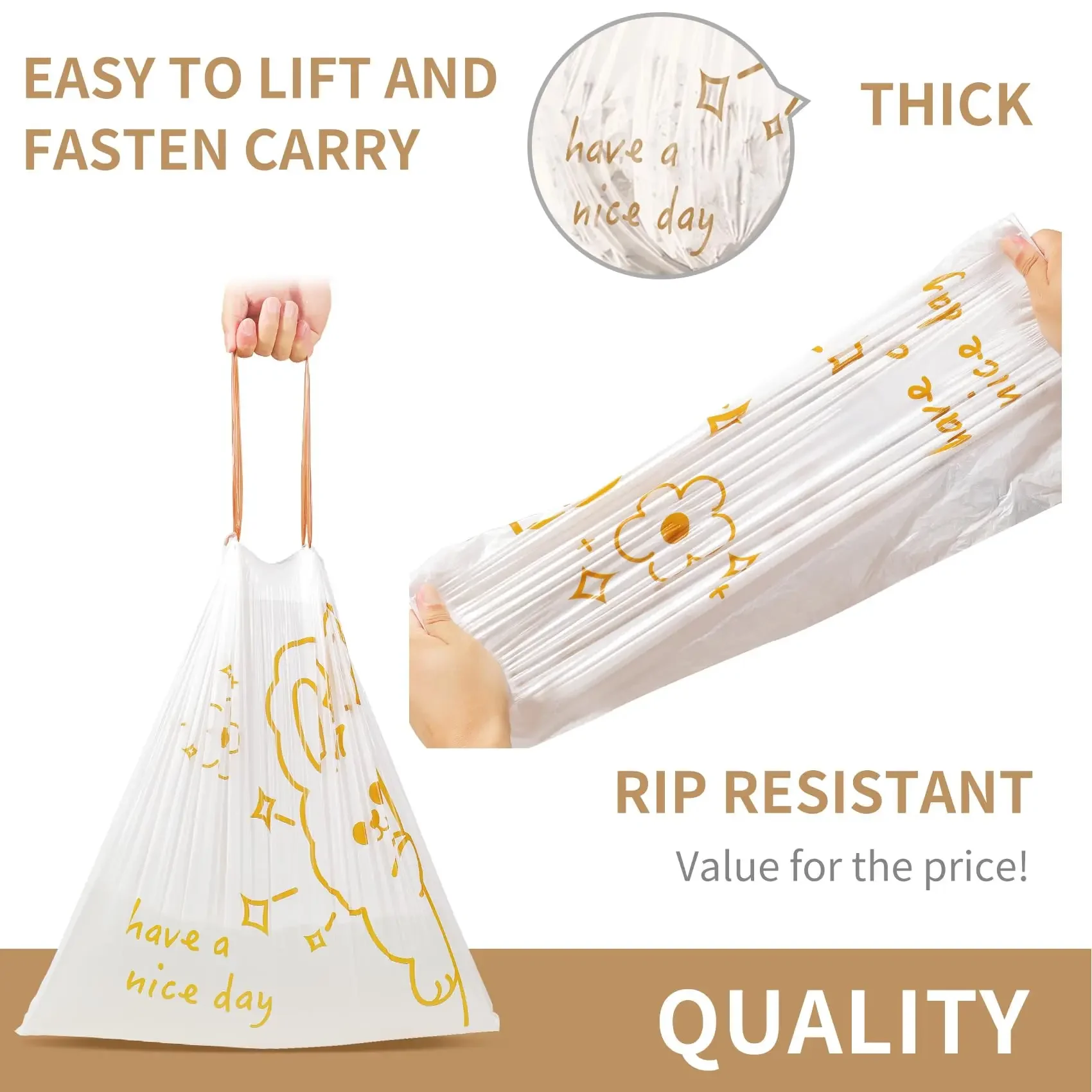 20pcs/1 Bag Gallon Thick Kitchen Garbage Bag with Drawstring Tear Free Storage  Daily Household Use Large Handheld Bag for Home