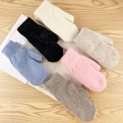 Double-layer Rabbit Hair Gloves Female Winter Korean Version Of Solid Color All Fingers Mitten Winter Classic Women Girls Glove
