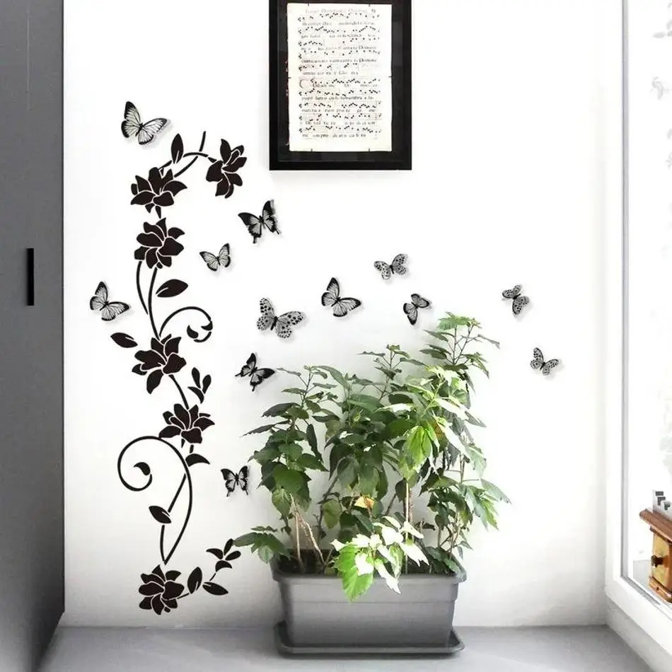 1 Pcs 3D New Black Classic Flower Vine Branch Bedroom Background Decoration Stickers Can Be Removed Wall Stickers