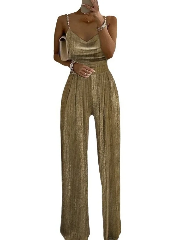 Wmstar Jumpsuits Romperswomen Wholesale Fashionable Metal Beaded Halter One Piece Pants with Swing Neck Summer 2025 Luxury
