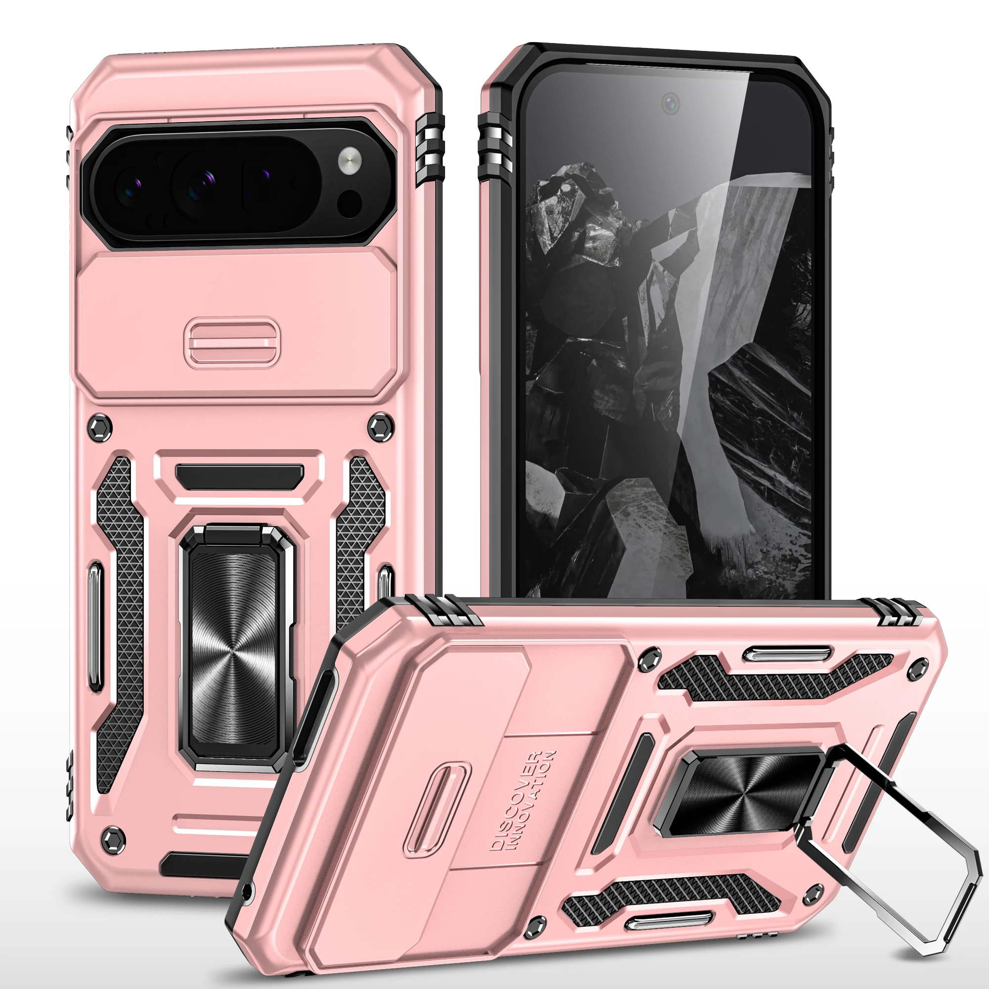 Enhanced Magnetic Ring Holder Armor Phone Case with Slide Camera Protector