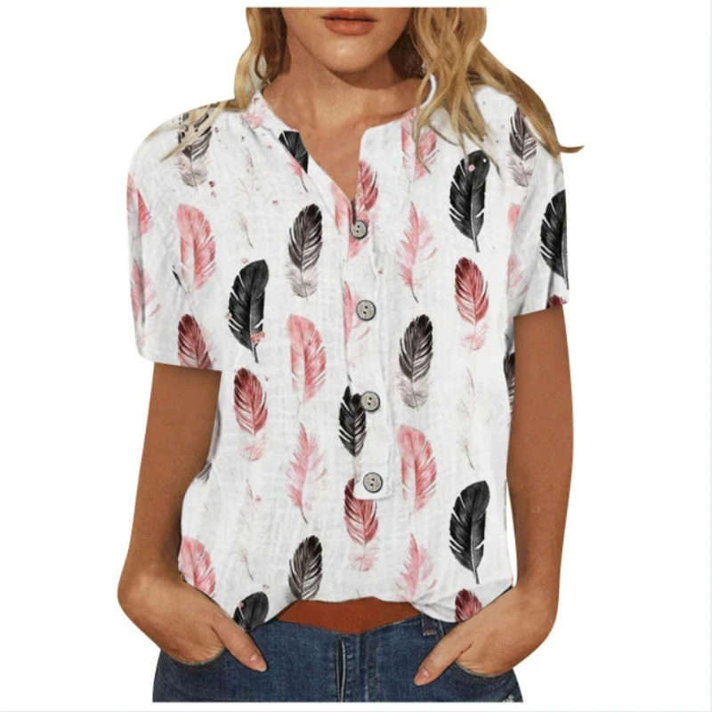 

Blouse Women's Casual Short-sleeved Feather Print Shirt Blusas De Mujer Blouses Women Casual Blusas Mujer