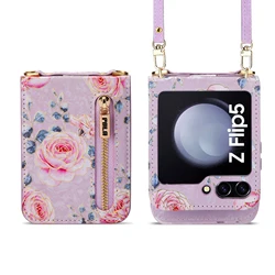 Retro Rose Leather Crossbody Phone Purse with Card Holder and Shockproof Lanyard - Galaxy Z Flip5 5G (PURPLE)