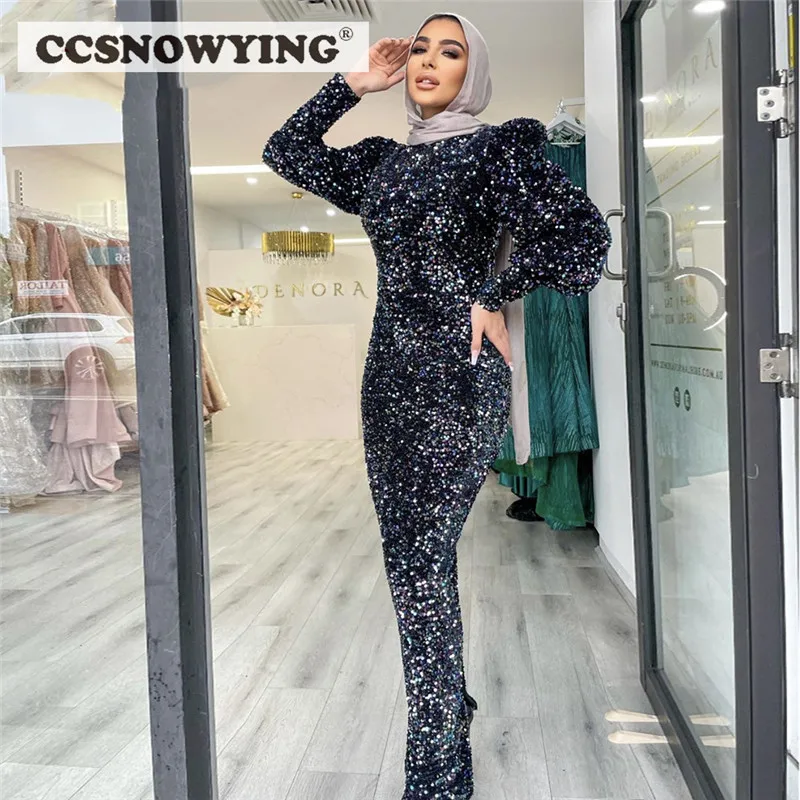 

Sparkly Sequin Long Sleeve Muslim Evening Dress Sheath High Neckline Moroccan Caftan Prom Formal Party Gown Robe De Soiree