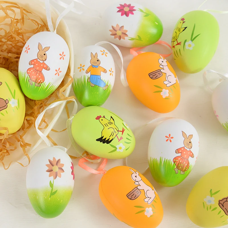 12pcs Plastic Easter Eggs Rabbit Chick Painted Hanging Pendant DIY Crafts for Easter Party Home Decoration Supplies Kids Gifts
