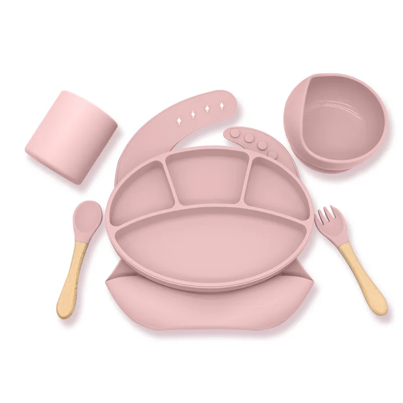 

6 Pcs Baby Soft Silicone Bib Suction Cup Bowl Dinner Plate Fork and Spoon Set Non-slip Food-grade Silicone Kids Dishes BPA Free