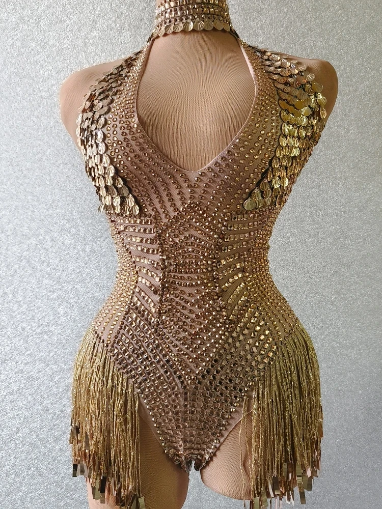 Dance Dress Rhinestones Dress Women Dance Costume Stage Performance Costume Sparkly Rhinestones Leotard Dance Costume Stage Wear Performance Nightclub Outfit Sexy Deep V Neck Sequins Bodysuit for Women