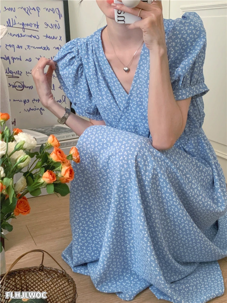 spring new Korean version of Japanese literary V-neck long dress