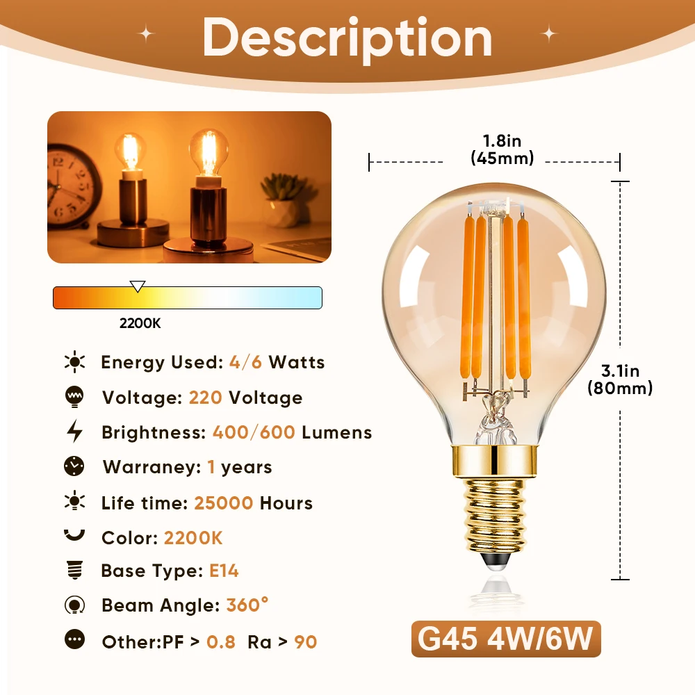 Vintage Warm White Amber LED Filament Bulb - Dimmable Mini Globe