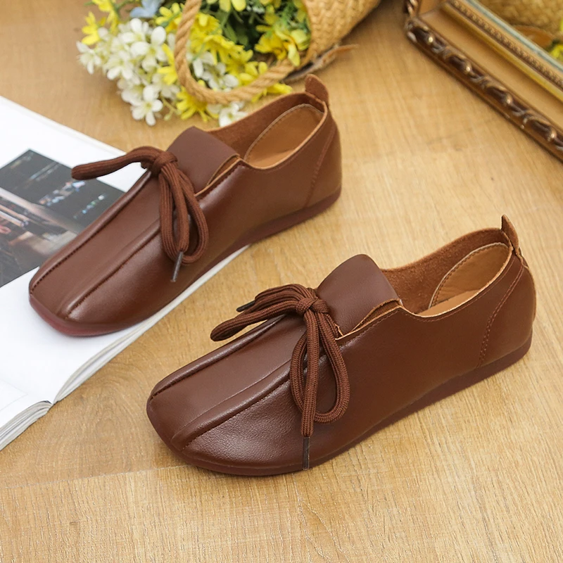 

Solid Black Oxford Shoes Woman Work Leather Wedge Flats Female Casual Lace Up Spring Shoes Women's kitchen Non-slip Loafers New