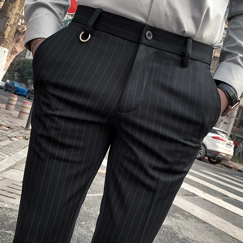 Stretch Pants Suit Pants Men Pants Men's Suit Pants Dress Pants Stretch Slim Straight Black Striped Formal Ankle Trouser