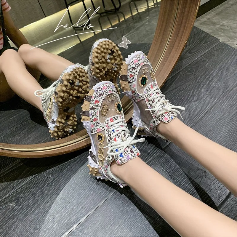 New Women Summer Autumn Sneakers with full Rhinestone Fashion 35-40 Platform Sport Shoes Sapatillas de mujer Tenis White 6982