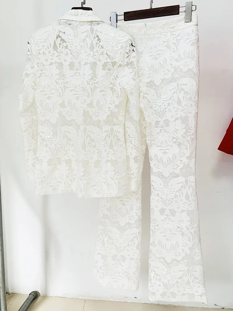 Lace Trim Embroidery Boutique Style Unquie Sewing New In Outwear Blazer Small Flare Pants 2pcs Slim Fit Suit Top Women's Outfit