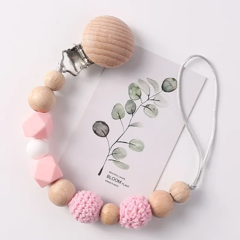 Pacifier Clip Baby Wood Silicone Crochet Beads Soothe Teethers Toy Dummy Nipple Holder Anti-drop Chain