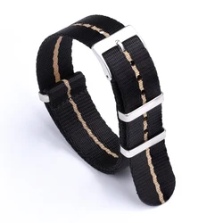 Heavy Duty Military Nylon Watch Strap - Rugged Army Sport Band - 22mm (Black - Khaki line)