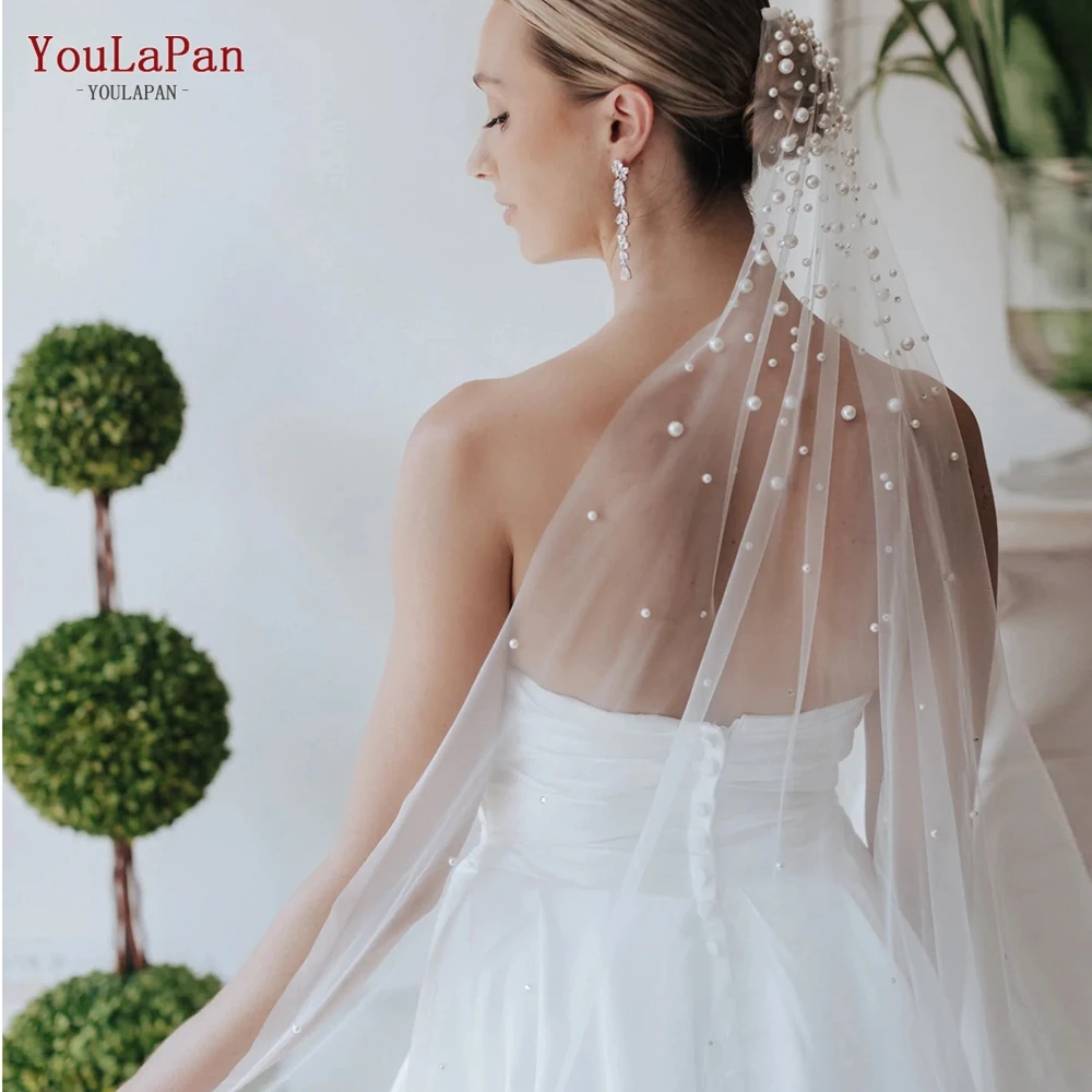 YouLaPan Rhinestones Bridal Veil Pearl Wedding Veil with Hair Comb 1 Tier Long Crystal Rhinestone Scatter Wedding Veil V135