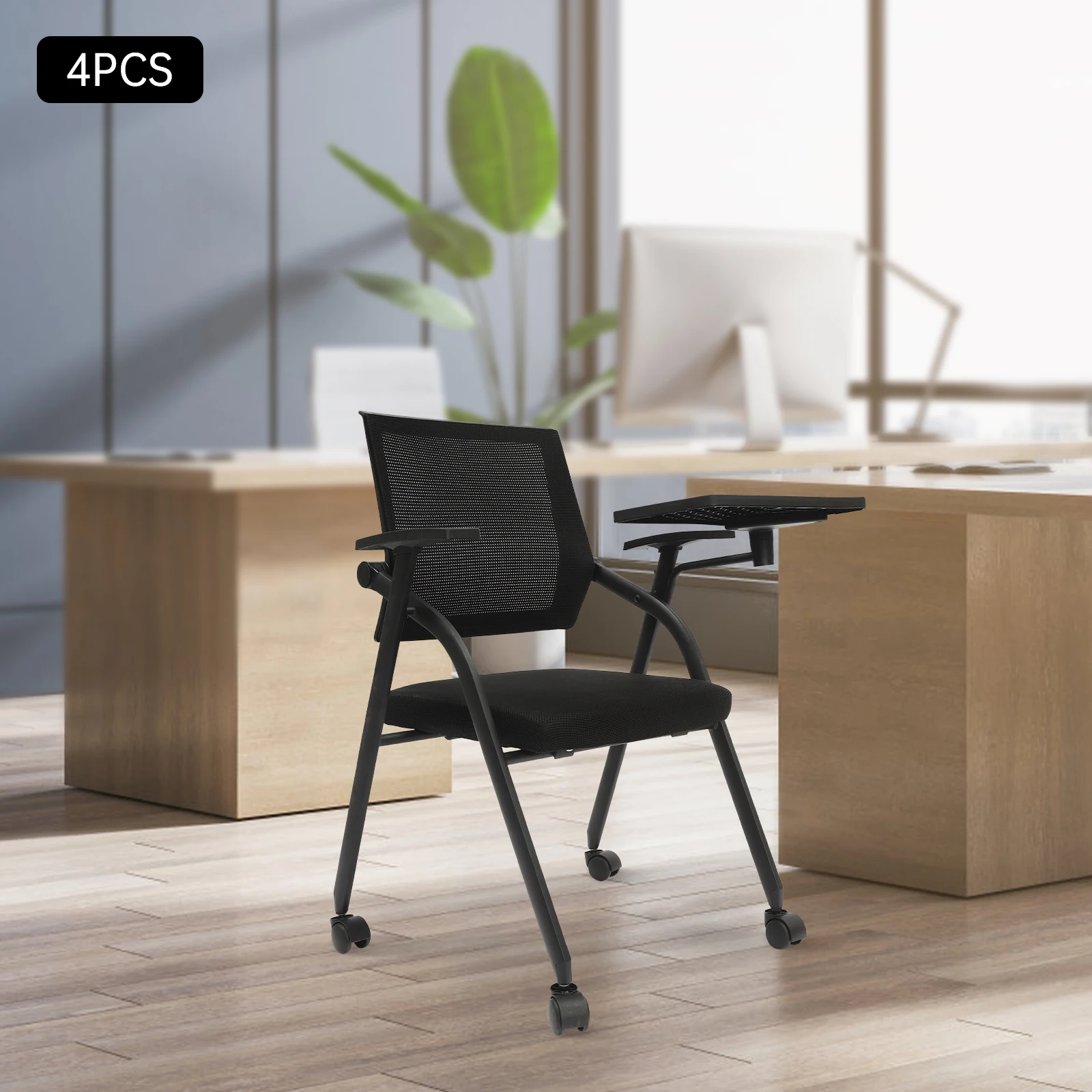4Pcs Conference Room Chairs Stackable Ergonomic Foldable Chair with Armrest Mesh Bouncing Back with Tablet and Caster Wheel