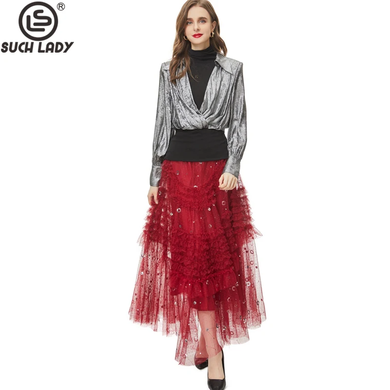 Women's Runway Designer Two Piece Dress Long Sleeves Knitted Blouse with Tiered Ruffles Skirt Twinset Sets french vintage elegant lace ruffles spliced chiffon blouse woman 2022 summer new commute flying sleeve beading button shirts