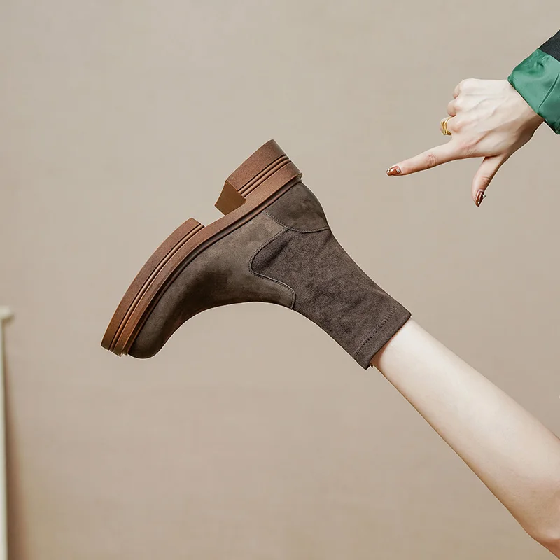 

Women Winter Cow Leather Japanese Style Platform Stretch Boots Girls Streetwear Flat with Slip on Round Toe Splicing Short Boots