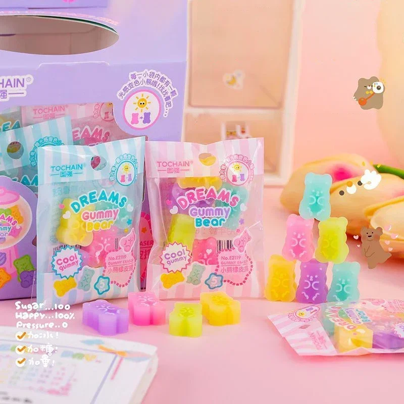 10pcs Kawaii Bear Erasers Jelly Color Pencil Rubber Cute Correction Tools Korean Stationery for School Office pencil eraser