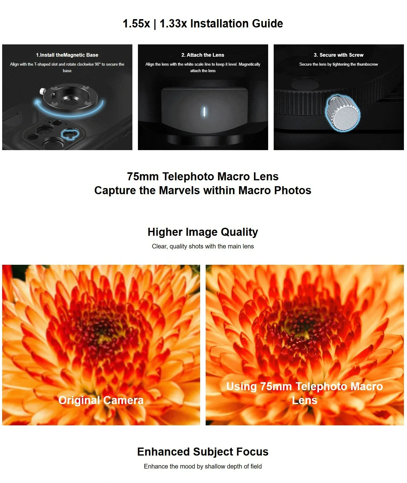 1.33x 1.55x Anamorphic Lens and 75mm Macro Lens for Mobile Phone (T-mount) Filmm