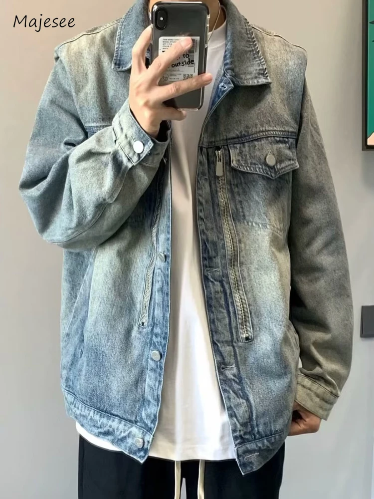 

Denim Jackets Men Autumn American Retro High Street Washed Males Overcoats All-match Fashion Advanced Gradient Color Long Sleeve