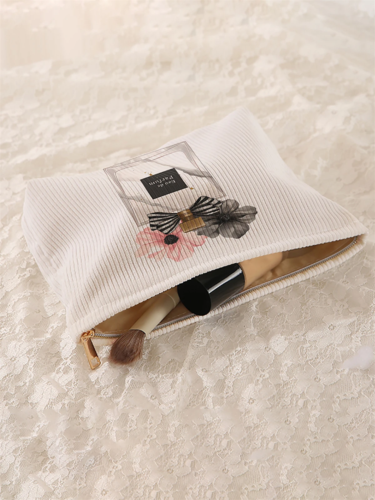 1 corduroy cosmetic bag with perfume pattern, light zipper cosmetic storage box, multi-function bag with lining
