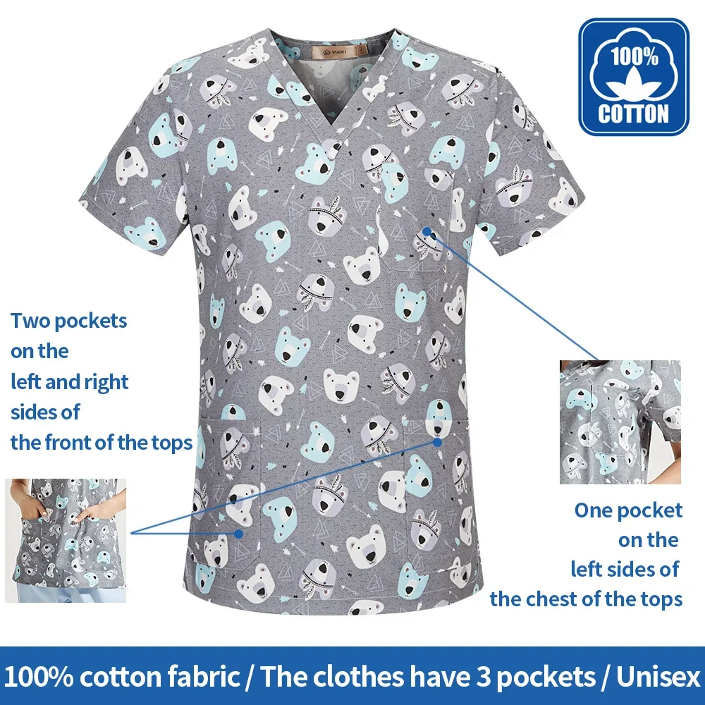Medical Surgical 100% Cotton Print Scrubs Shirt Beauty Salon Lab Pet Shop Doctor Nursing Health Scrubs Tops medical scrubs