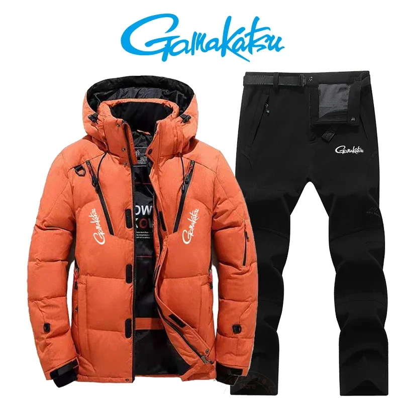 

Gamakatsu 2023 Men's Winter Fishing Set Outdoor Sports Plush Charge Pants Thickened White Duck Down Top Warm Fishing Set