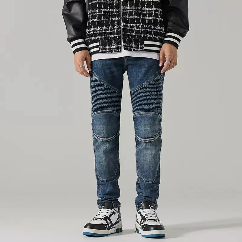 Street Fashion Men Jeans Retro Blue Stretch Elastic Slim Fit Biker Jeans Uomo Impiombato Designer Patched Hip Hop Denim Pants Hombre