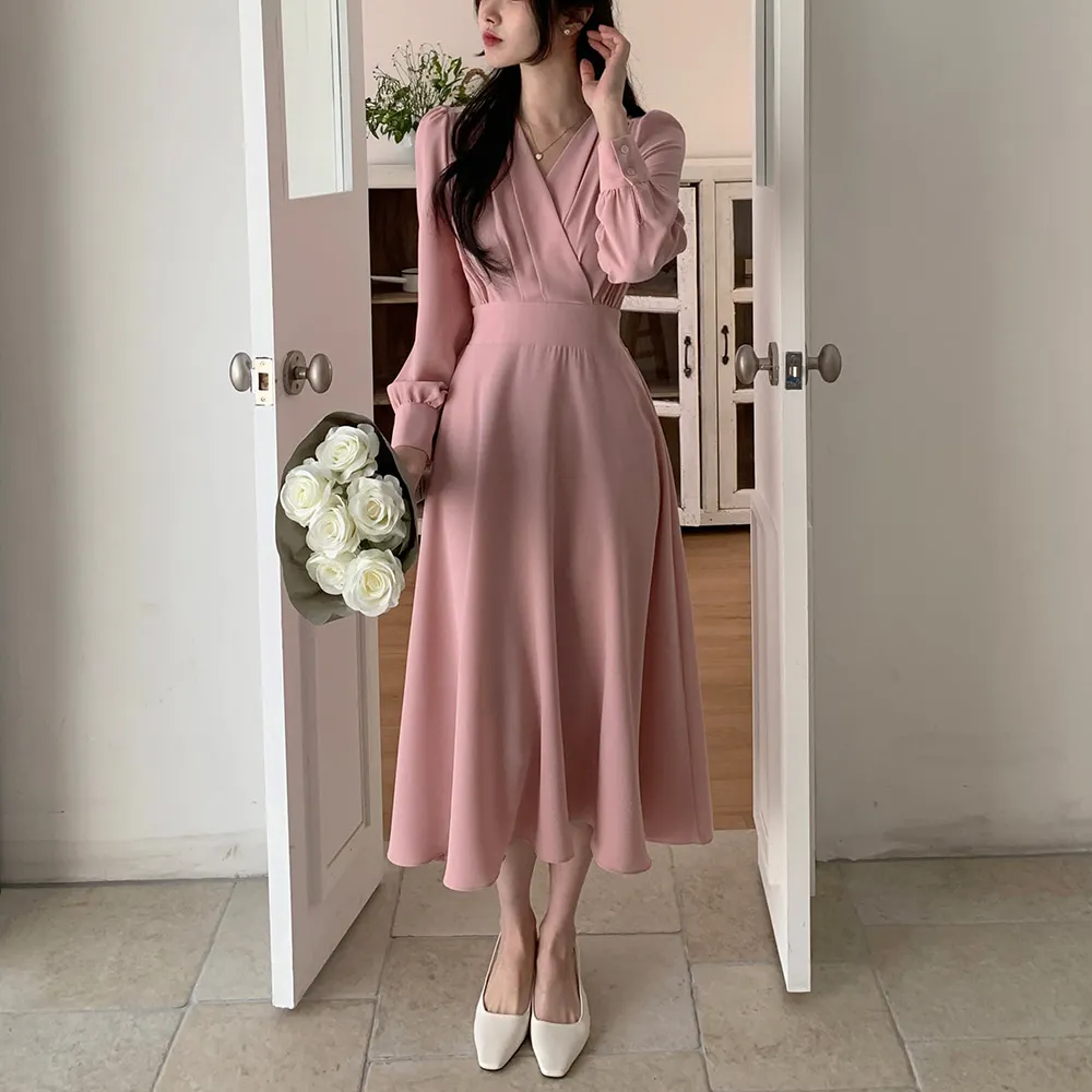 Korean Fashion Autumn Midi Dresses for Women Long Sleeves V-neck A-line Solid Casual Dress Office Lady Clothing New