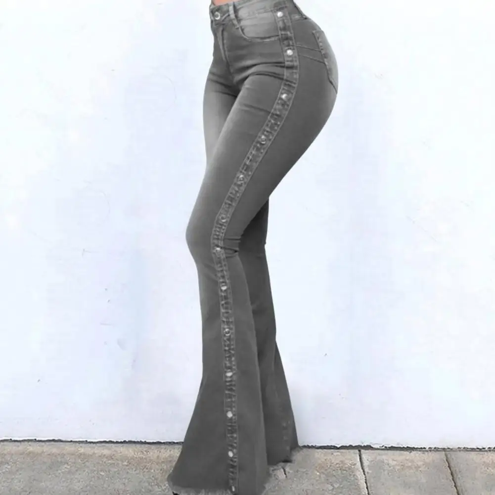 

Floor Length Chic Fashion Rivet Decor Denim Flare Jeans Breathable Denim Pants High Waist Female Clothing