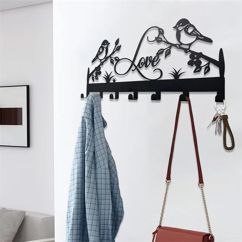 metal key holder wall hook organizer door entryway hallway kitchen wall decor rack 7 hooks Sweet couple love birds design hooks 4