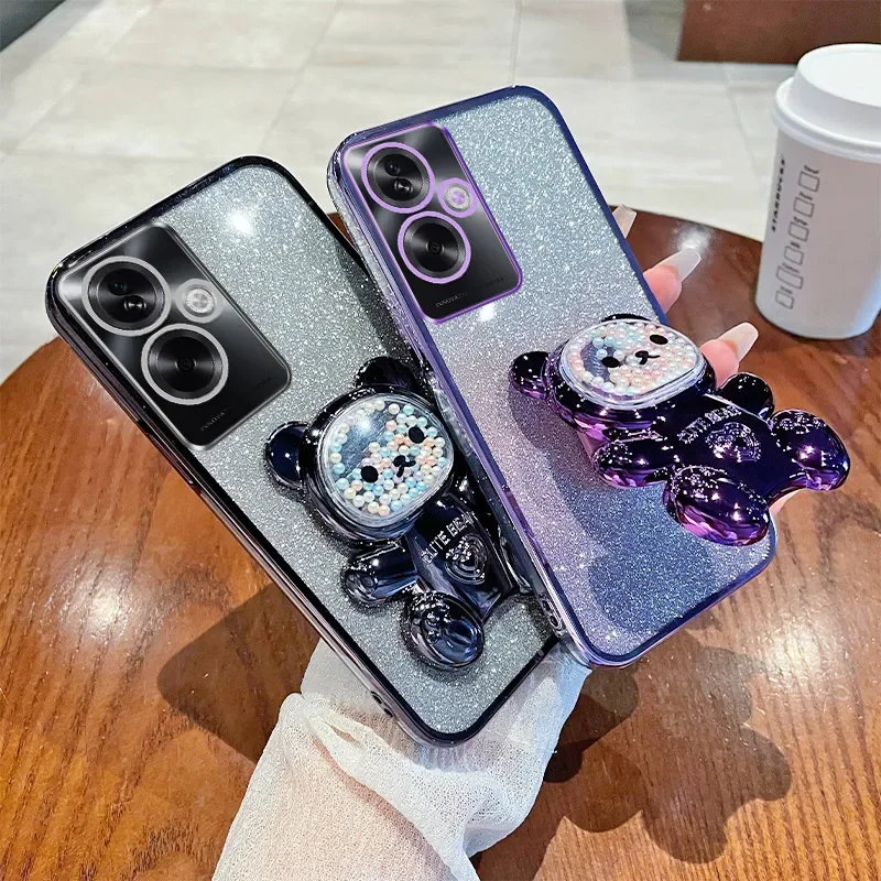 Sparkling Soft Silicone Shockproof Phone Case with Cute Bear Stand – Electroplated TPU Back Cover
