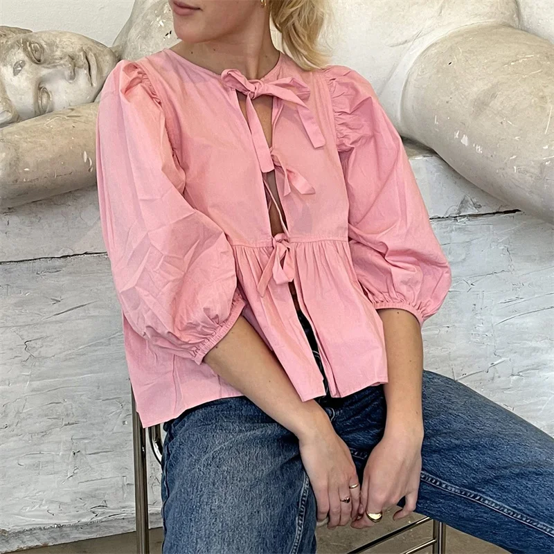 Camisas Y2K para mujer, ropa estética, elegante, color sólido/rayas, manga 3/4, cárdigan con lazo, blusa de los años 2000, ropa de calle