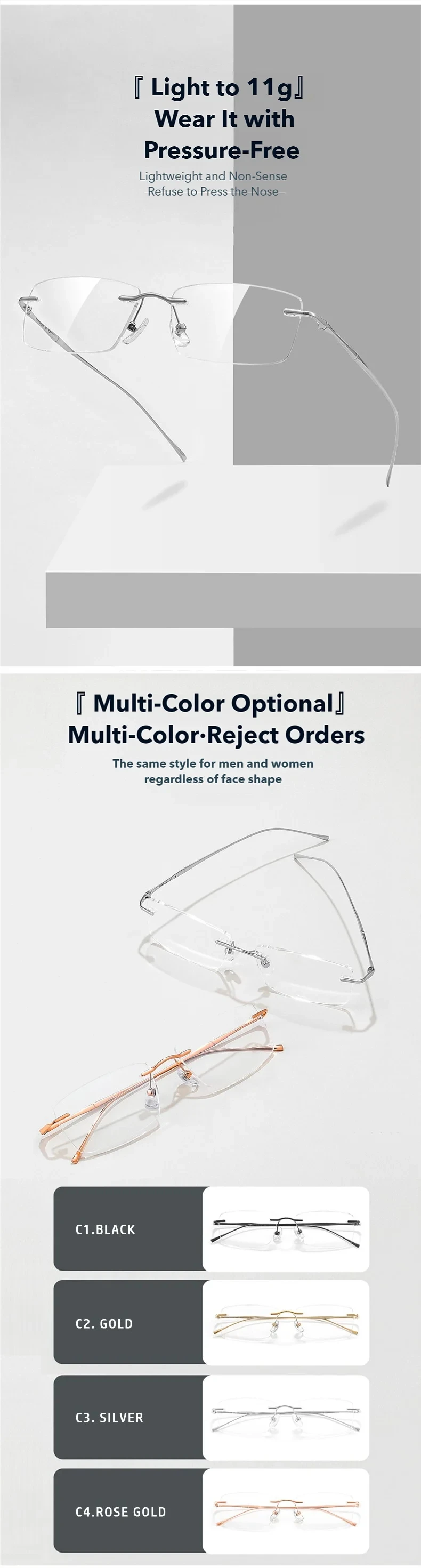 Titanium Reading Glasses - Ultra-Light Rimless Eyeglass Frames with Anti-Reflective Lenses