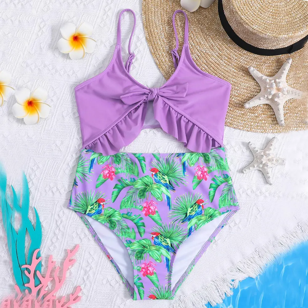 

Tropical Print Girl One Piece Swimsuit Kids Cut Out Children's Swimwear Ruffle Knot Front Bathing Suit 7-14 Years Beachwear 2023