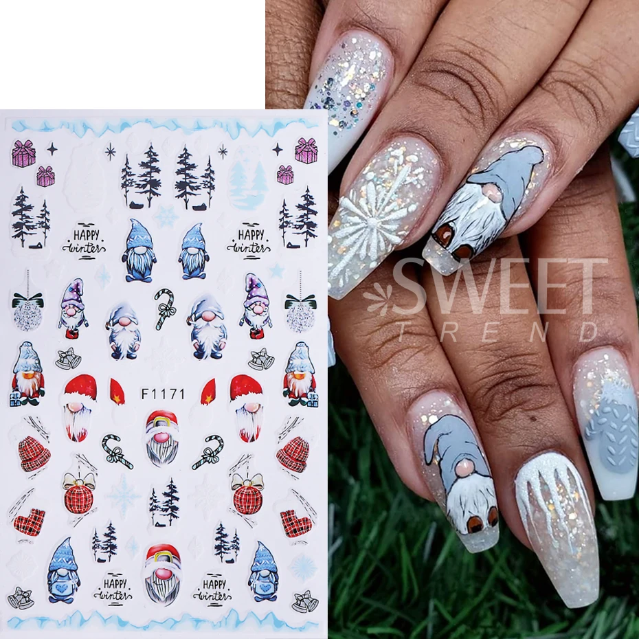5pcs Christmas Nail Stickers 3D Cartoon Santa Claus Snowman Elk Xmas Tree Nail Slider Decals DIY Winter Gift Manicure Decoration